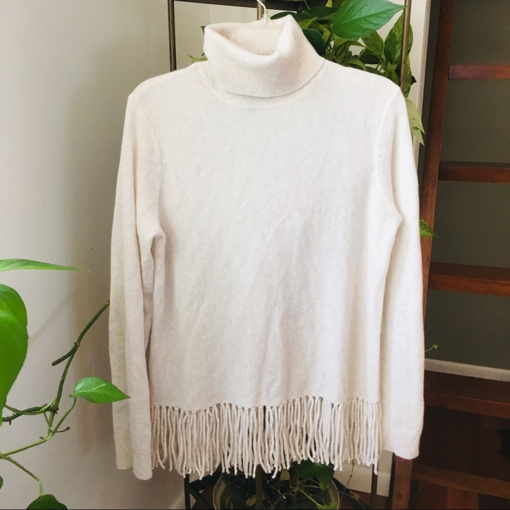 Aqua cashmere turtleneck with fringe NWOT